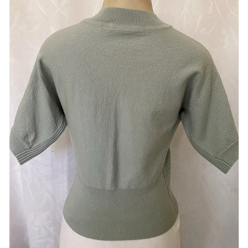 Tory Burch Merino Wool Sweater Knit Top Crew Neck Short Sleeve Sage Gree…